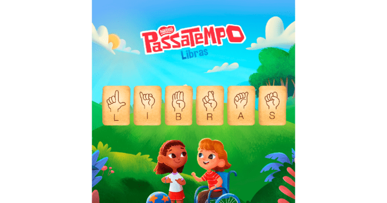 No topo em letras vermelhas o nome da marca Nestlè e da bolacha passatempo. Fundo céu azul uma árvore à direita, nuvens e sol no topo. Abaixo bolachas lado a lado uma com cada letra do alfabeto manual formando a palavra Libras. E abaixo duas crianças sinalizando. bolacha com o alfabeto manual